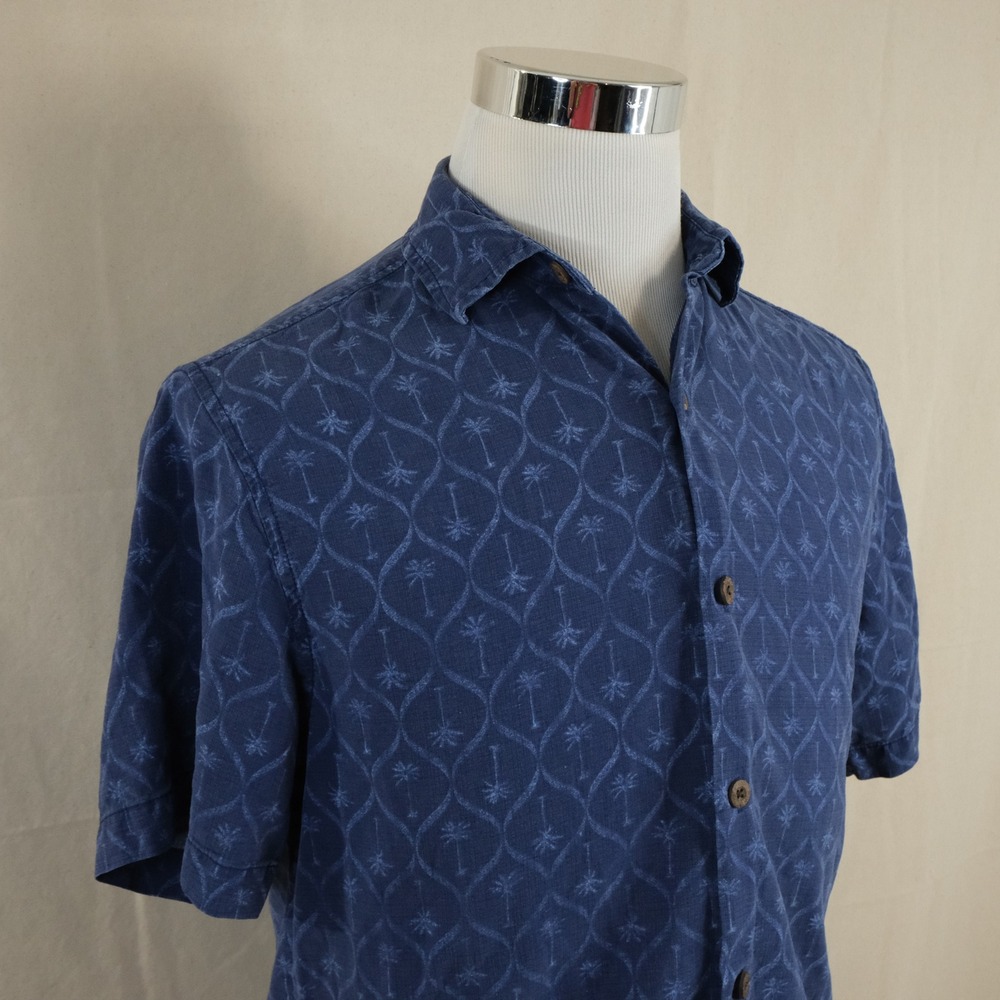 Tommy Bahama Small 100% Silk Hawaiian Aloha Shirt Blue Palm Print Camp Mens